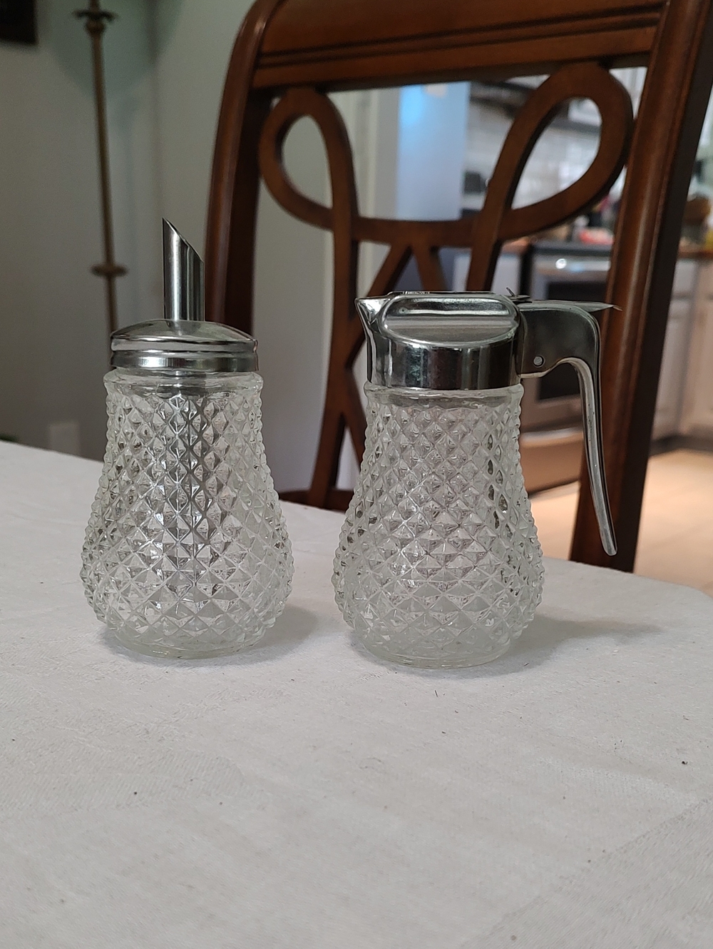 "Vintage MCM Diamond Point Syrup And Sugar Dispensors